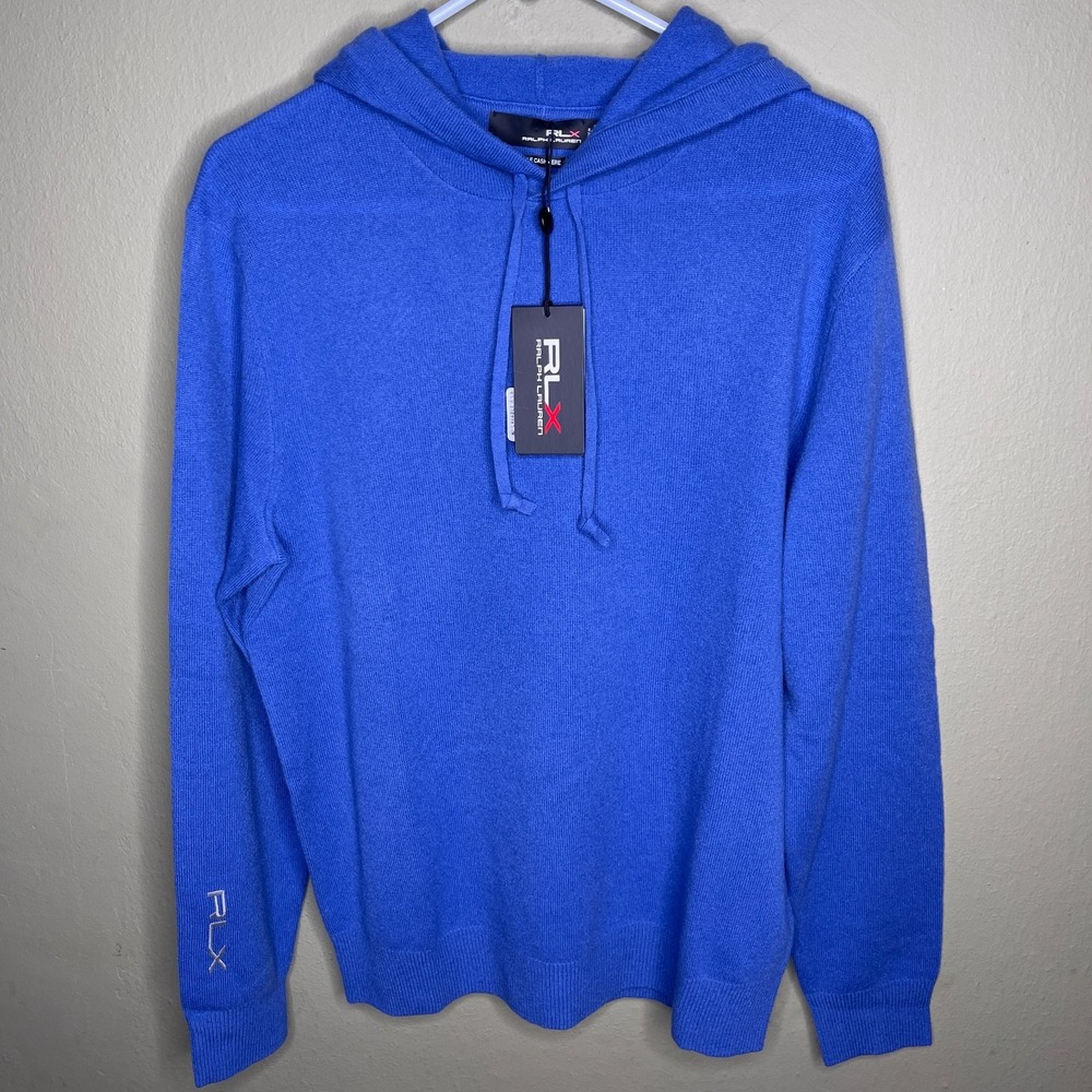 RLX Ralph Lauren 100% Cashmere Mens Sz Medium Blue Golf Hoodie Pullover Sweater